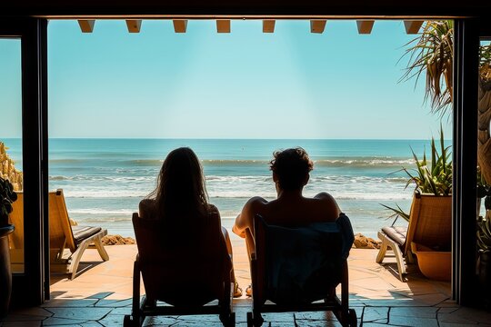 Two friends relaxing on chairs, enjoying a serene ocean view from a beach house balcony on a perfect sunny day. - Powered by Adobe