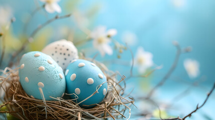 Fototapeta na wymiar Three Blue and White Eggs in a Nest