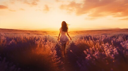 Girl walking in the blooming lavender field. Rear view. Beautiful golden hour sunset. AI Generated 