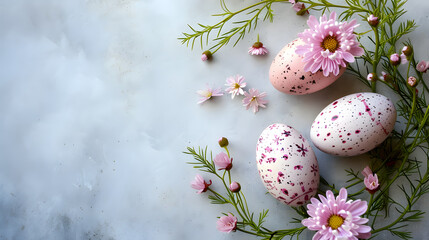 Obraz na płótnie Canvas Pink Flowers and White Eggs on a Table