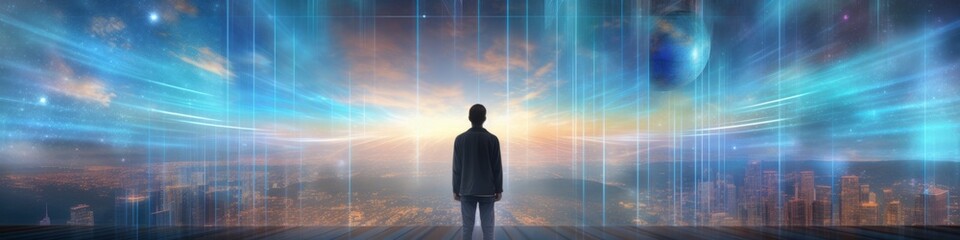 Holographic Horizon: A person surrounded by holographic displays against a digital landscape, 