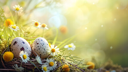 Three Eggs in a Nest With Daisies and Daisies