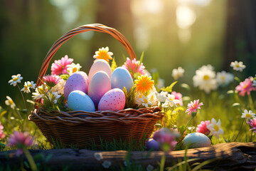 Easter basket filled with a decorated Easter eggs, surrounded by flowers, soft, natural light