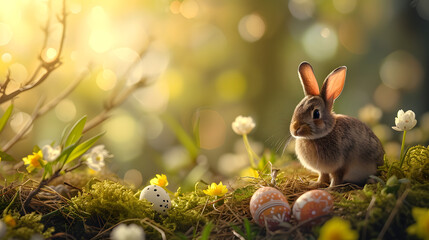 Fototapeta na wymiar Rabbit Sitting on Top of a Moss Covered Field