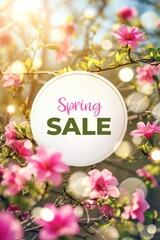 Obraz na płótnie Canvas Vibrant Spring Sale Announcement with Pink Blossoms and Sunlit Background