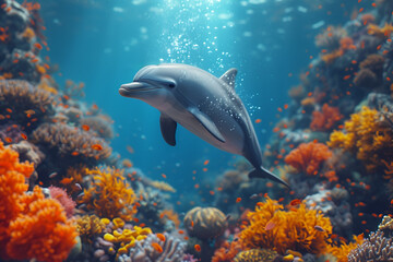 Fototapeta na wymiar A whimsical underwater world with colorful coral reefs and playful dolphins. Created with generative AI.