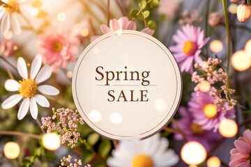 Fototapeta na wymiar Ethereal Spring Sale Circular Sign with Daisy and Pink Flower Background