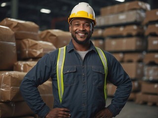 An upbeat warehouse worker, beaming with pride as they face the camera against the backdrop of a well-organized storage facility.