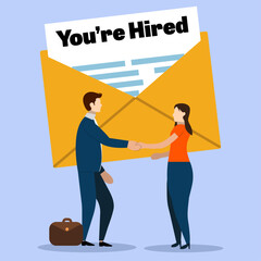 You're Hired, New Employee Concept. Manager shaking hands with new employee.  Person found a new job