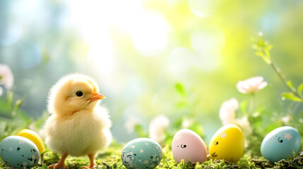 Small Chicken Standing Next to Group of Eggs