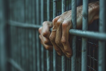 image of an imprisoned man with his hands on the metal fence