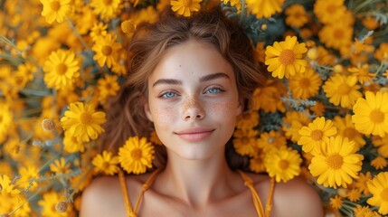Naklejka premium Luminous Spring - Enchanting Young Woman Amongst Golden Marigolds