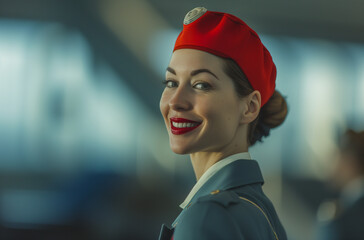 smiling flight attendant at work