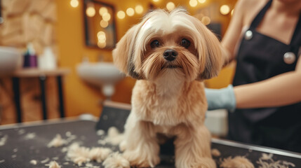 A dog getting its fur trimmed at a groomer