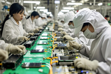 Mobile phone assembly factory, assembly lines with workers handling components like screens, processors, and batteries. They assemble and test mobile phones.