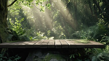 a boreal forest backdrop, featuring an empty wooden table perfect for displaying product mockups, capturing the natural beauty and serenity of the wilderness in a picturesque composition.