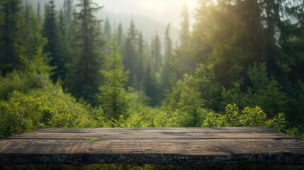 a boreal forest backdrop, featuring an empty wooden table perfect for displaying product mockups, capturing the natural beauty and serenity of the wilderness in a picturesque composition.
