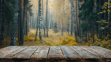 a boreal forest backdrop, featuring an empty wooden table perfect for displaying product mockups, capturing the natural beauty and serenity of the wilderness in a picturesque composition.