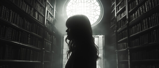 silhouette of a person in a library