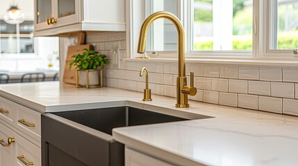 a modern kitchen featuring a beautiful sink adorned with a luxurious gold faucet, complemented by a striking black apron or farmhouse sink, pristine white granite countertops.