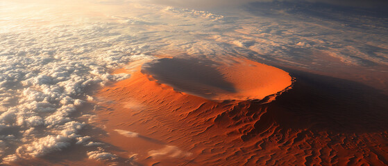 Reddishbrown desert sand dune is surrounded by clouds