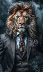 Lion dressed in an elegant and modern suit with a nice tie. Fashion portrait of an anthropomorphic animal, shooted in a charismatic human attitude