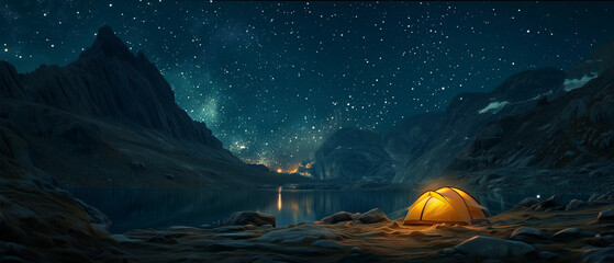 camping by night tent with stars near a milky in the style of precisioni