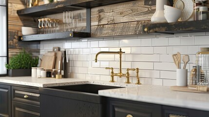 a modern kitchen featuring a beautiful sink adorned with a luxurious gold faucet, complemented by a striking black apron or farmhouse sink, pristine white granite countertops.