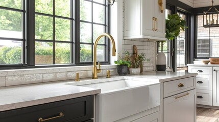 a modern kitchen featuring a beautiful sink adorned with a luxurious gold faucet, complemented by a striking black apron or farmhouse sink, pristine white granite countertops.