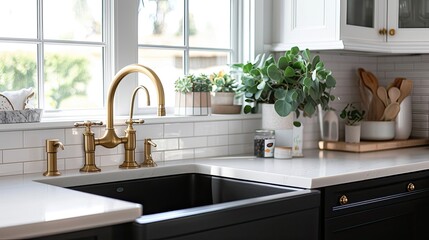 a modern kitchen featuring a beautiful sink adorned with a luxurious gold faucet, complemented by a striking black apron or farmhouse sink, pristine white granite countertops.