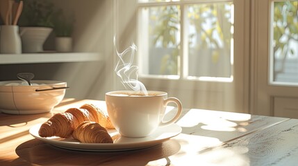 a cup of coffee arranged on the table, bathed in warm filter lighting streaming in from the kitchen window, evoking a comforting and inviting atmosphere perfect for starting the day.