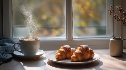 a cup of coffee arranged on the table, bathed in warm filter lighting streaming in from the kitchen window, evoking a comforting and inviting atmosphere perfect for starting the day.