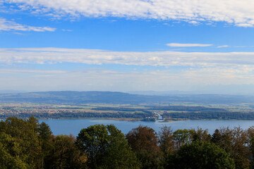 Aerial view of Biel lake from Preles in Bern canton, Switzerland - obrazy, fototapety, plakaty