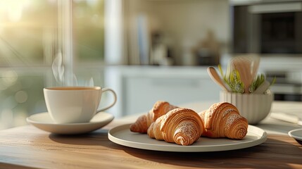 a cup of coffee arranged on the table, bathed in warm filter lighting streaming in from the kitchen window, evoking a comforting and inviting atmosphere perfect for starting the day.