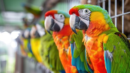 Fototapeta premium Vibrant parakeets in a row on a perch, with a blurred figure in the background