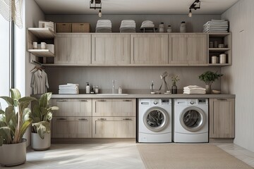 Interior of a gray laundry room with a sink, two washing machines, a potted tree, and some shelving. wood splinter from a wall. an angle. a mockup