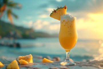 Savor the taste of summer with a tantalizing close-up of a chilled Pina Colada cocktail, featuring creamy goodness and pineapple, against a blurred backdrop of a tropical beach bar. - obrazy, fototapety, plakaty
