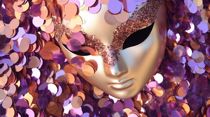 Golden carnival mask with glitter, 3d render illustration. Ai generative.
