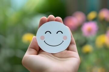 Paper cut smile face held by hand, representing positivity, mental health assessment. Ideal for World Mental Health Day.