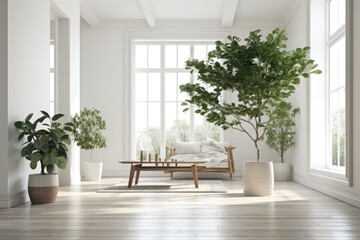 Fototapeta na wymiar green plant with space in white living room,