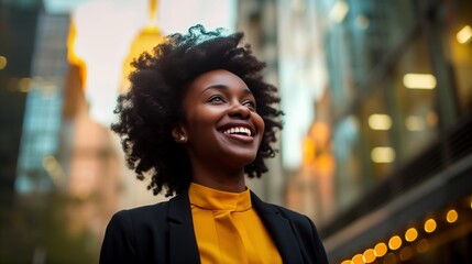 Fototapeta premium A joyful professional African American woman with natural hair in an urban setting.