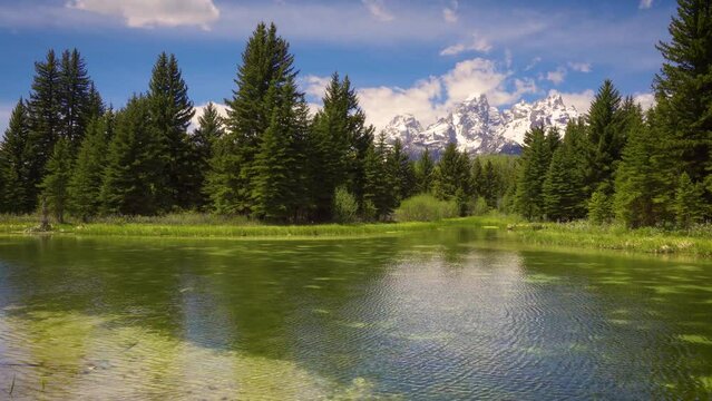 Pan right at Schwabacher Landing with Snake River in Grand Teton National Park. 4K UHD video.