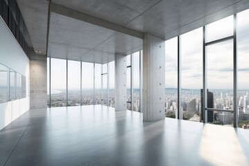 Fototapeta premium Interior of contemporary concrete gallery with windows providing city views and empty white mock up banners on the walls. Concept for a museum or residence