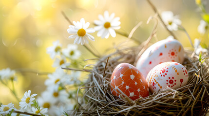 Three Eggs in a Nest With Daisies and Daisies in the Background