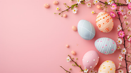 Pink Background With Easter Eggs and Flowers