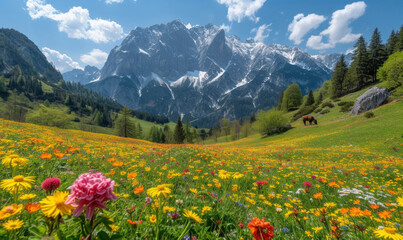Idyllic alpine landscape scenery with traditional farmhouse and fresh green meadows, blooming flowers, and snowcapped mountain tops in spring,