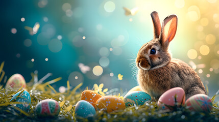 Fototapeta na wymiar Rabbit Sitting in Grass Near Easter Eggs