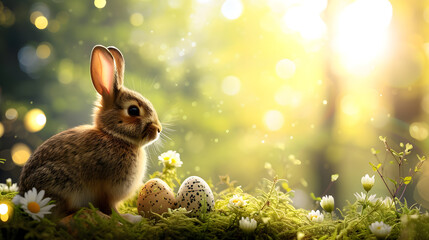 Fototapeta na wymiar Rabbit Sitting in Grass Next to Eggs