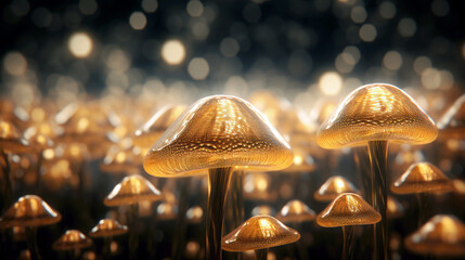 gold luminous mushroom caps. Generative ai