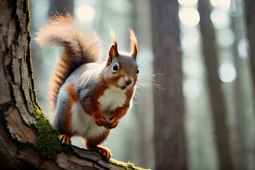 A fluffy squirrel sits on a tree branch in the forest